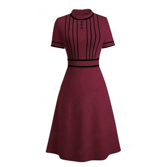 HOMEYEE Women’s 3 Button High Neck Zip Back Stripe Dress Burgundy Size XL NWOT - Picture 1 of 10